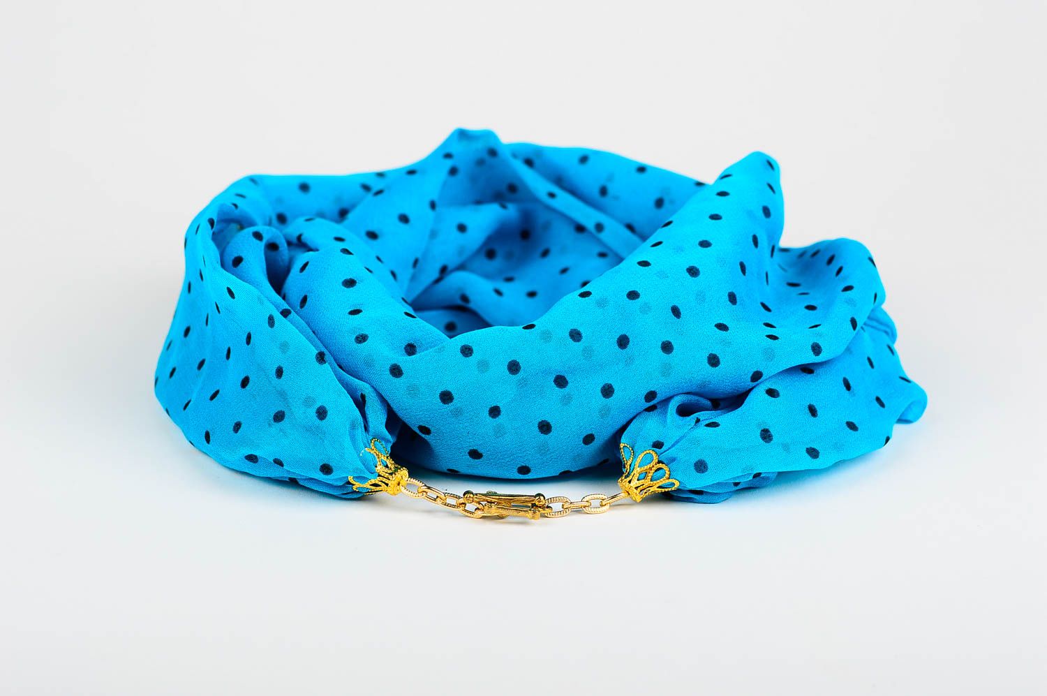 Écharpe femme faite main Foulard bleu à pois en mousseline de soie Cadeau femme photo 1