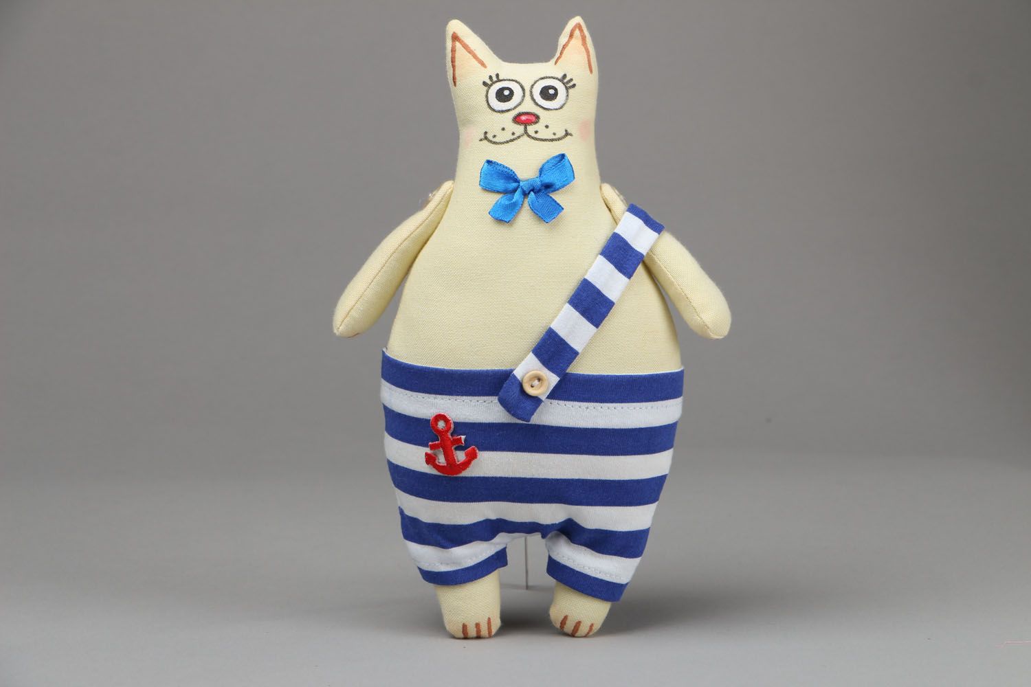 Handmade soft toy Cat in Striped Jumpsuit photo 1