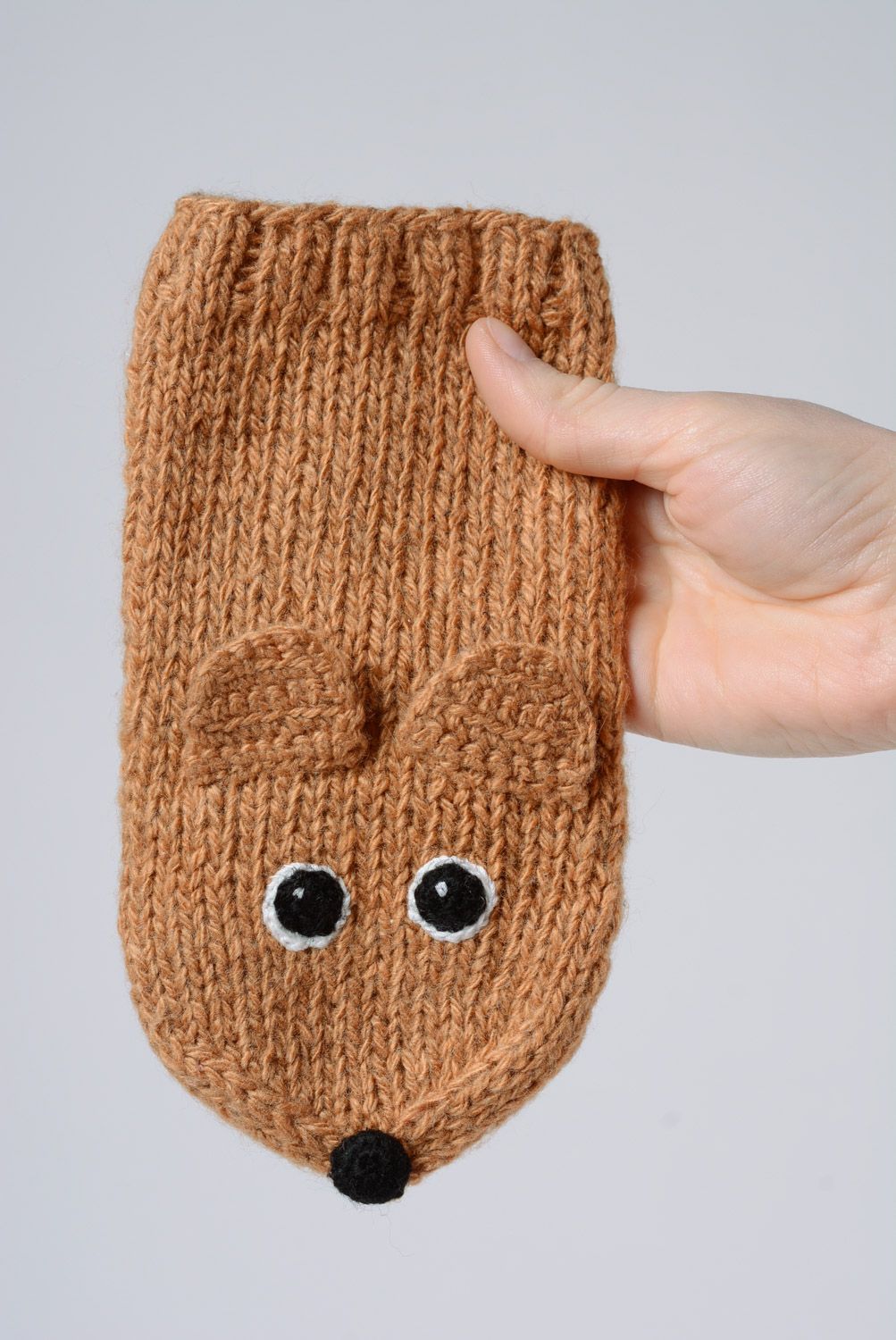 Small brown knitted puppet toy for children photo 1