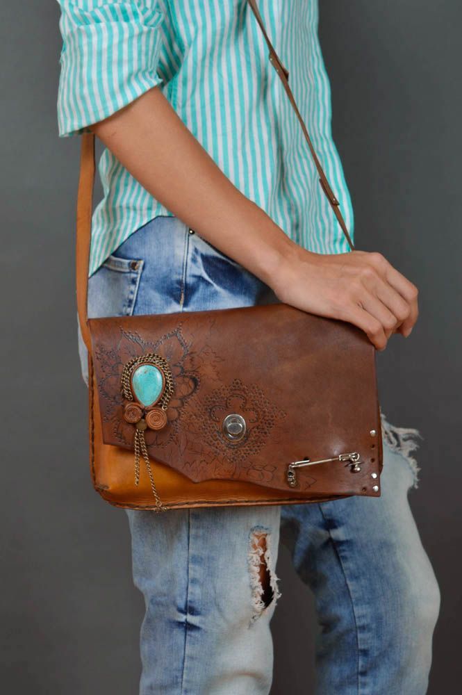 Сумка ручной работы сумка через плечо кожаная сумка коричневая стильная фото 5