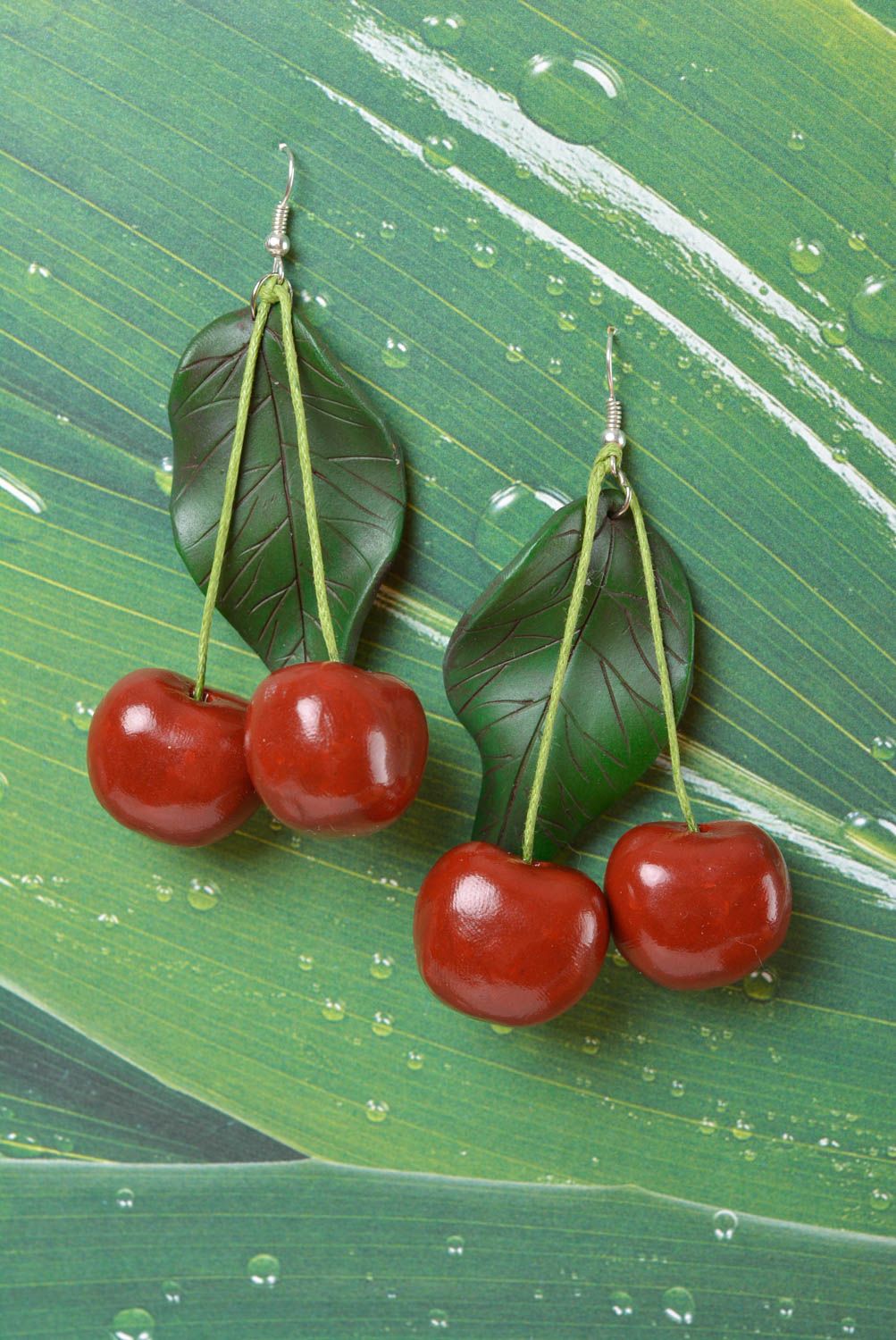 Earrings made of polymer clay in the form of red cherries long handmade jewelry photo 4
