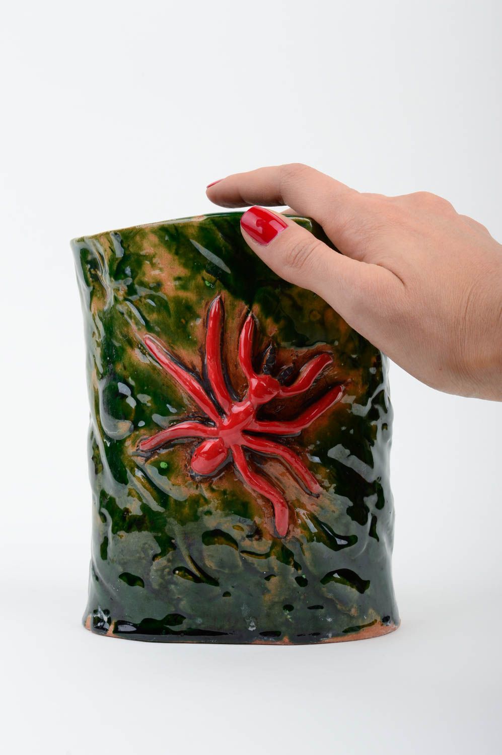Green ceramic medium flower vase with a red spider for home décor 6, 1,17 lb photo 2