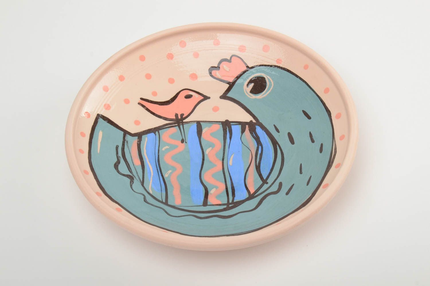 Bright handmade clay plate painted with glaze and enamel 350 ml photo 2