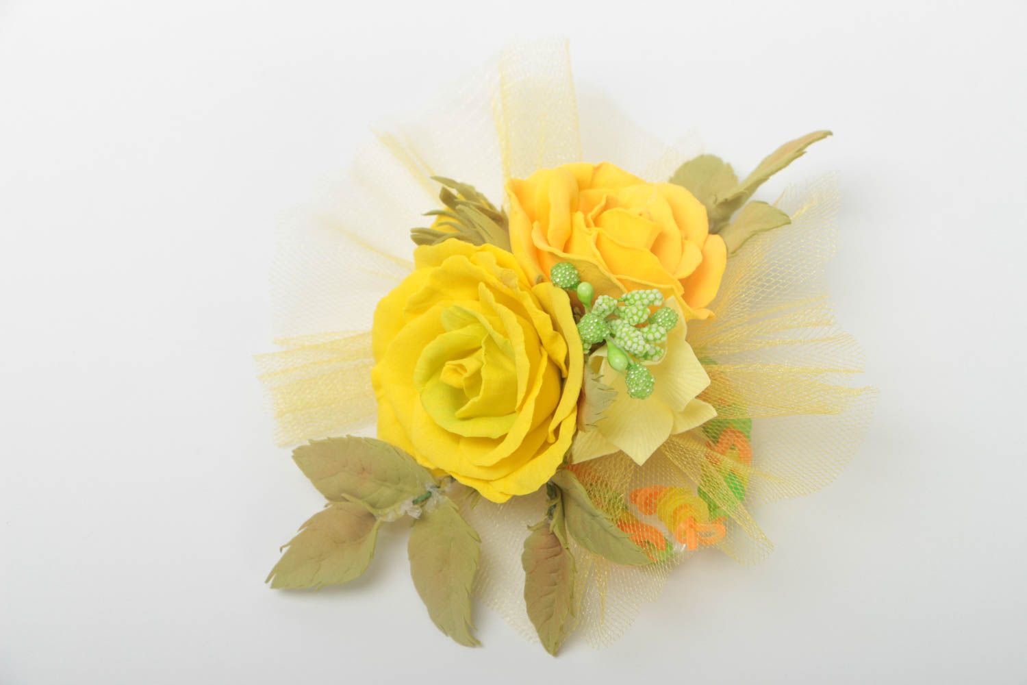 Originelle gelbe handmade Blumen Haargummi aus Foamiran Rosenknospen für Damen foto 4