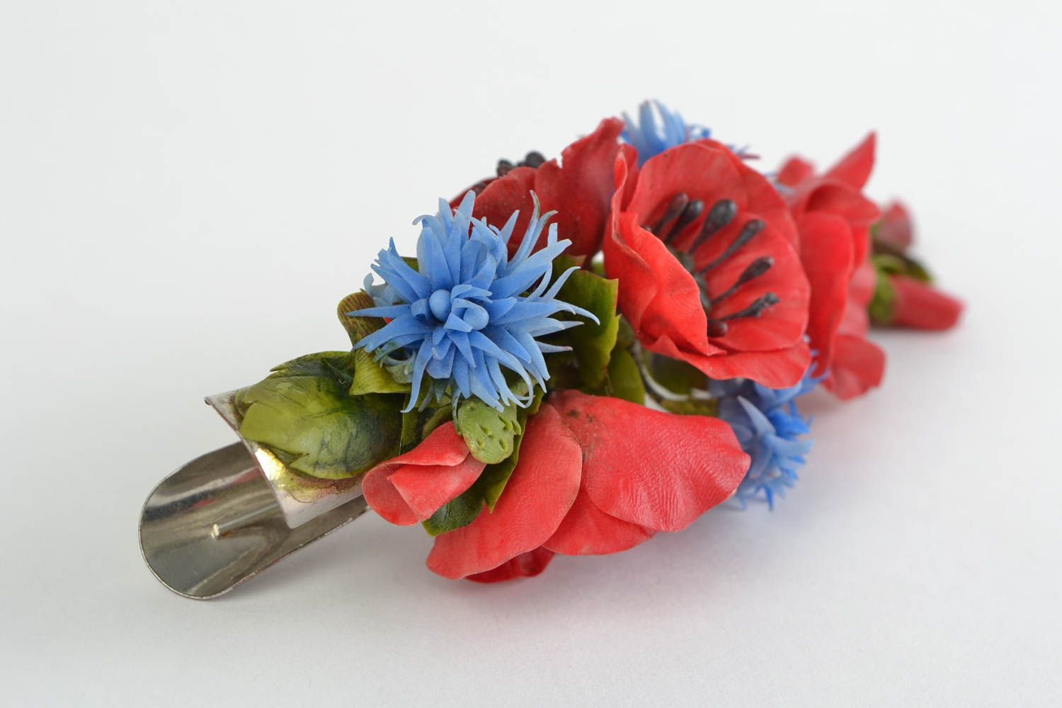 Handmade stylish hairpin made of cold porcelain in the form of red poppies photo 4