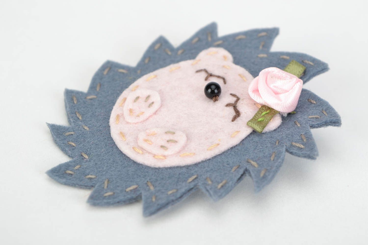 Beautiful small gray handmade felt brooch in the shape of sleepy hedgehog photo 3