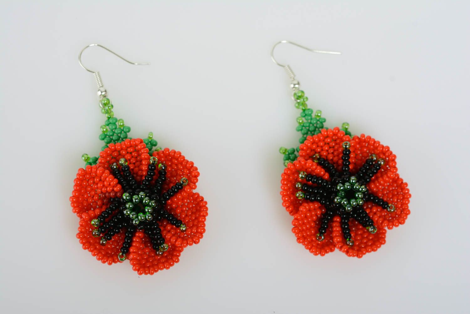 Handmade festive designer beaded dangling earrings with red poppy flowers photo 1