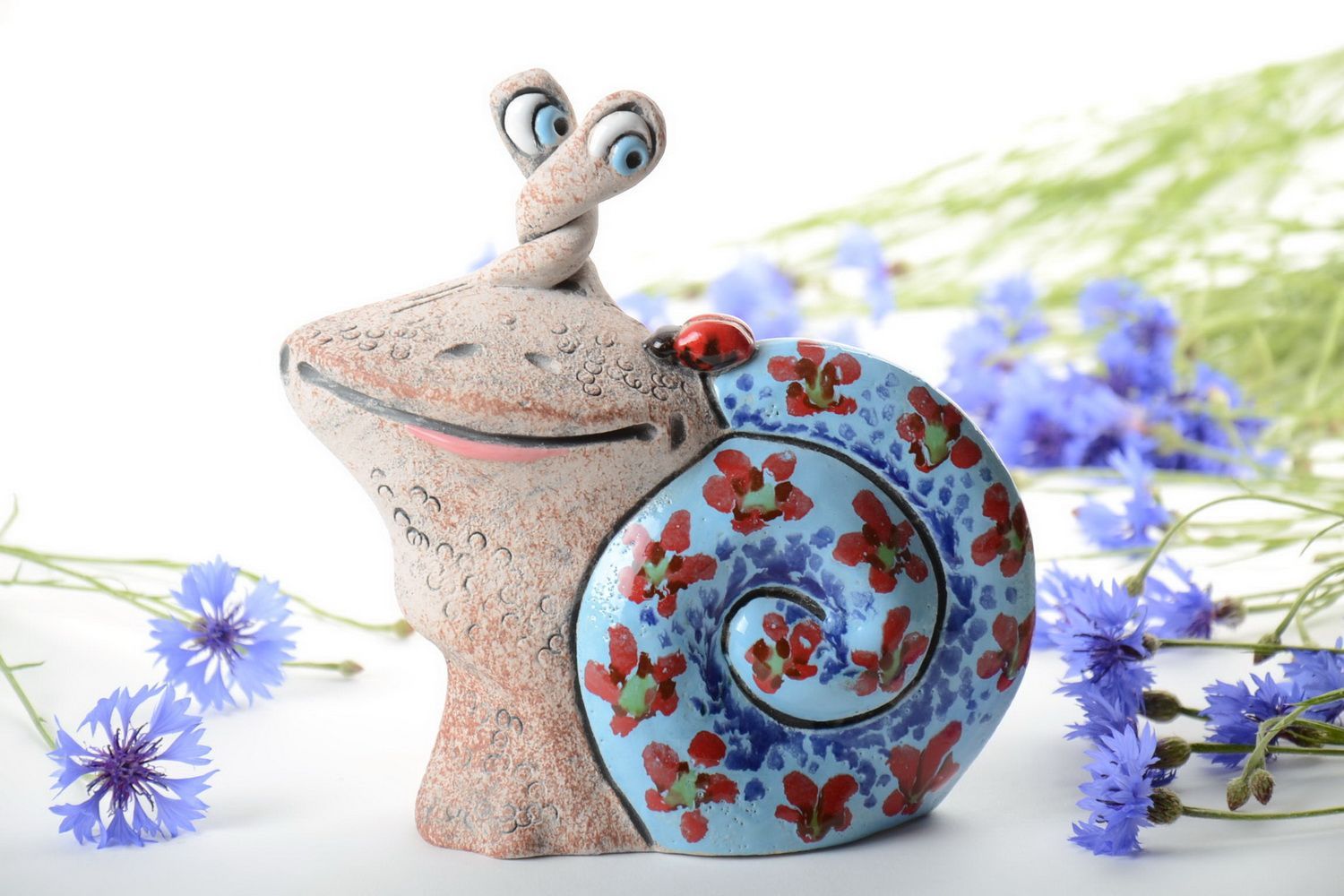 Handmade semi porcelain painted with pigments figured money box Blue snail photo 1