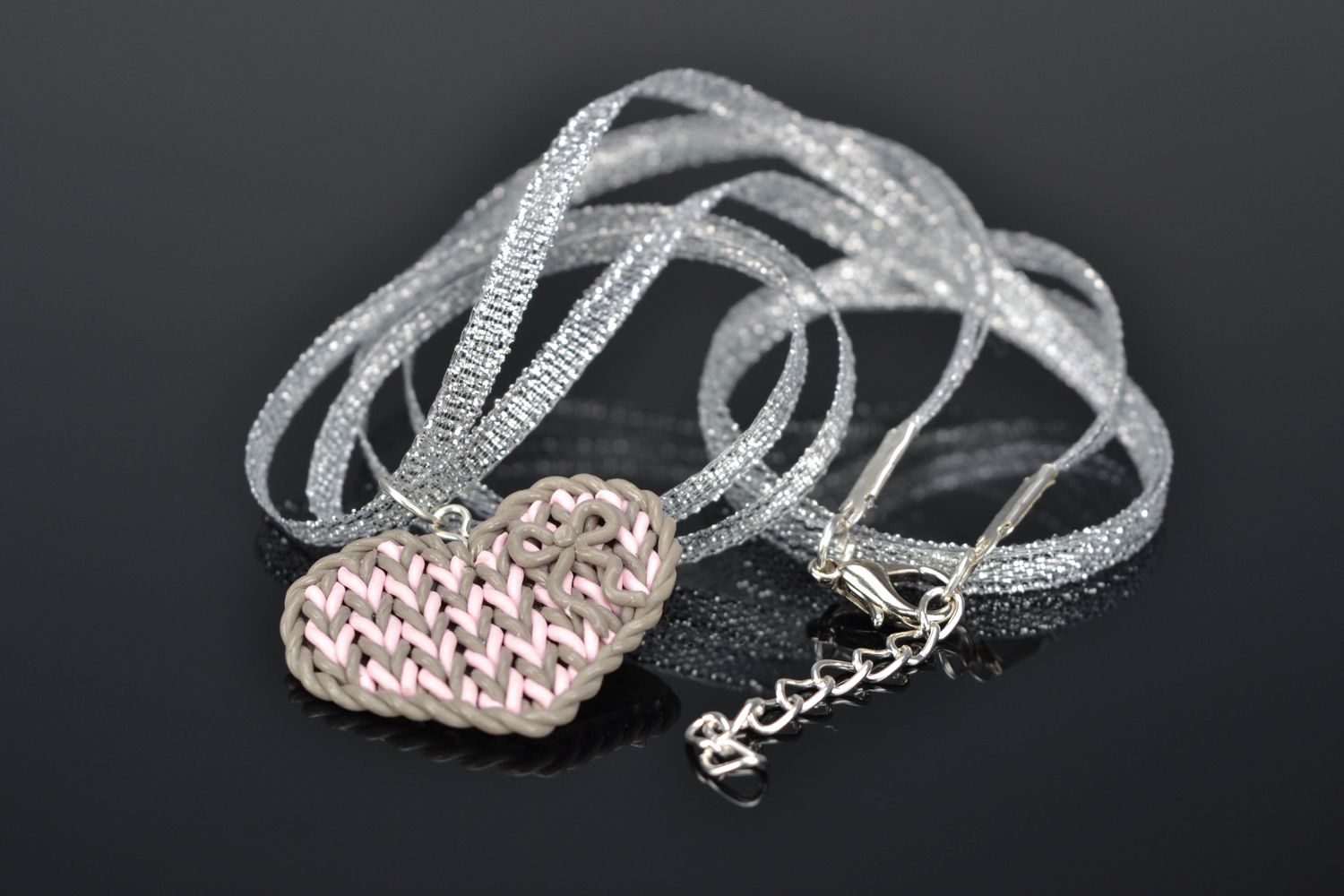 Polymer clay pendant Knit Heart photo 1
