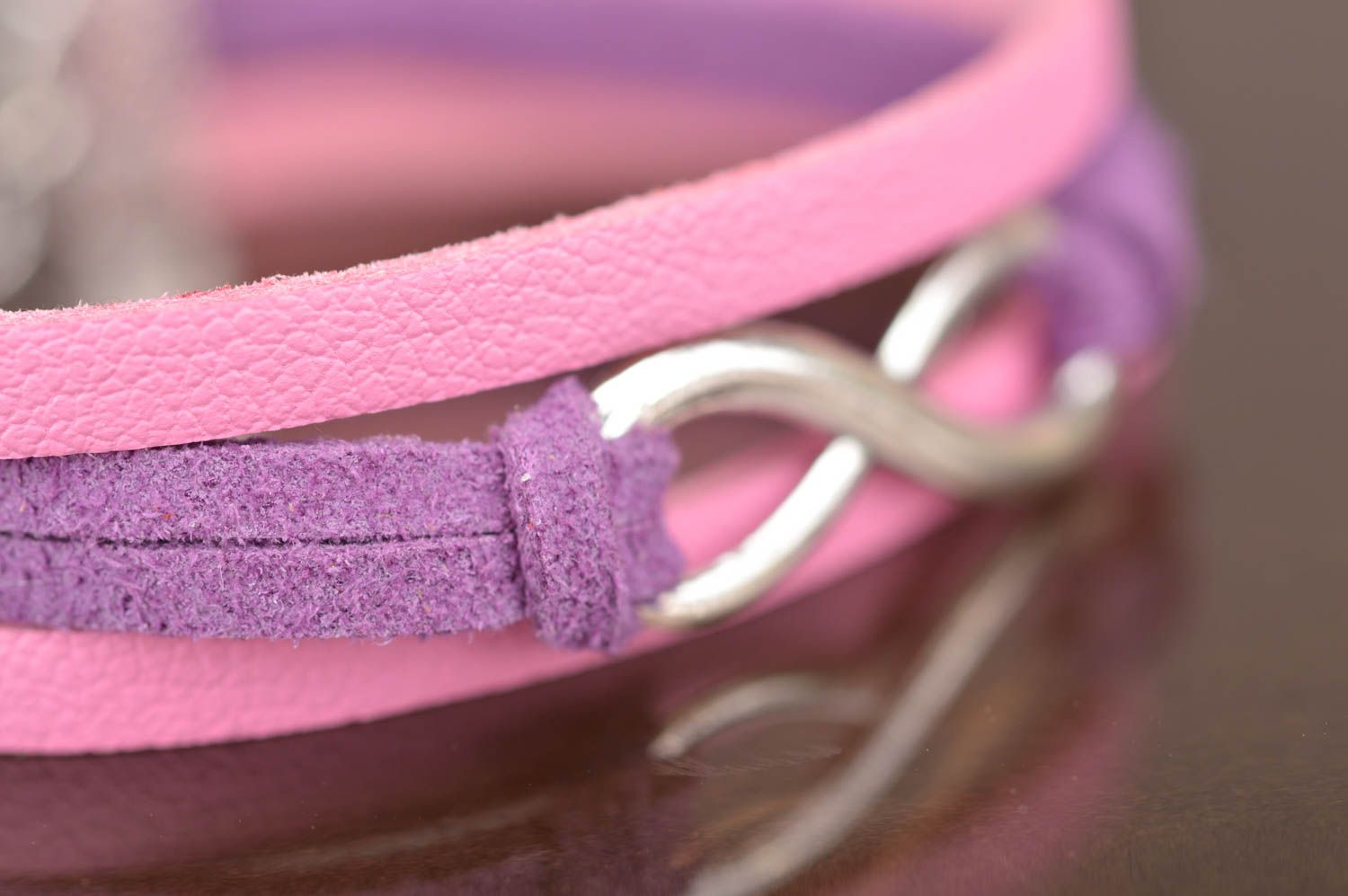 Handmade kid's pink and violet genuine leather wrist bracelet with infinity sign photo 3