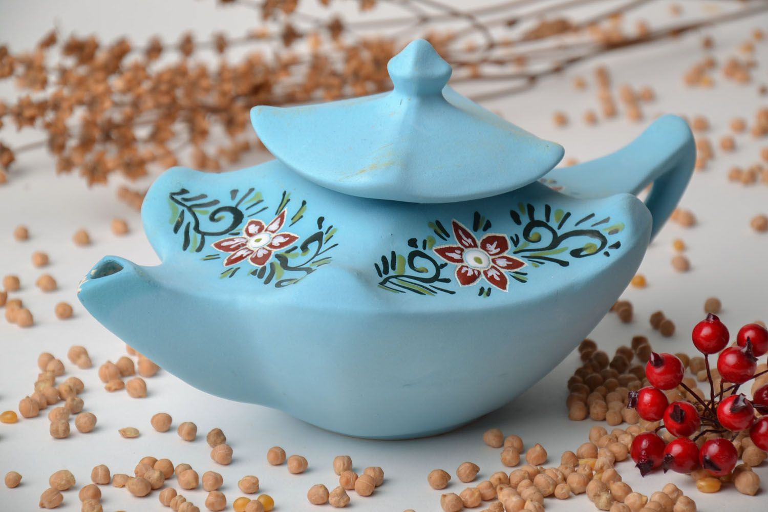 Керамический чайник ручной работы голубой  фото 1