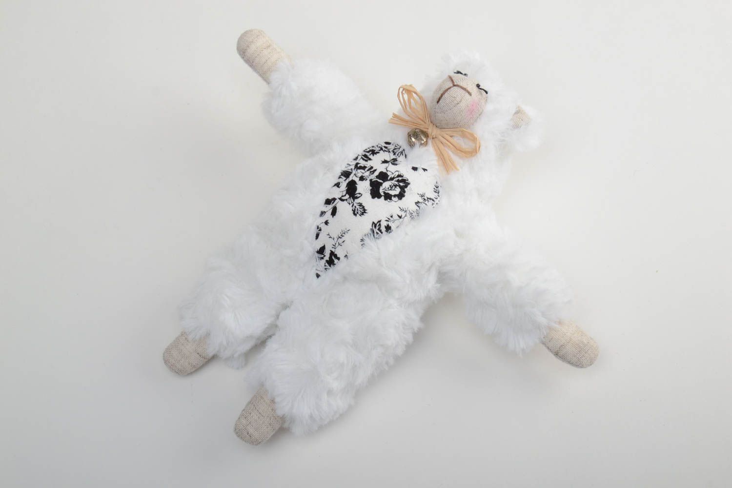 Handmade small soft toy lamb sewn of white faux fur and patterned linen fabric photo 2
