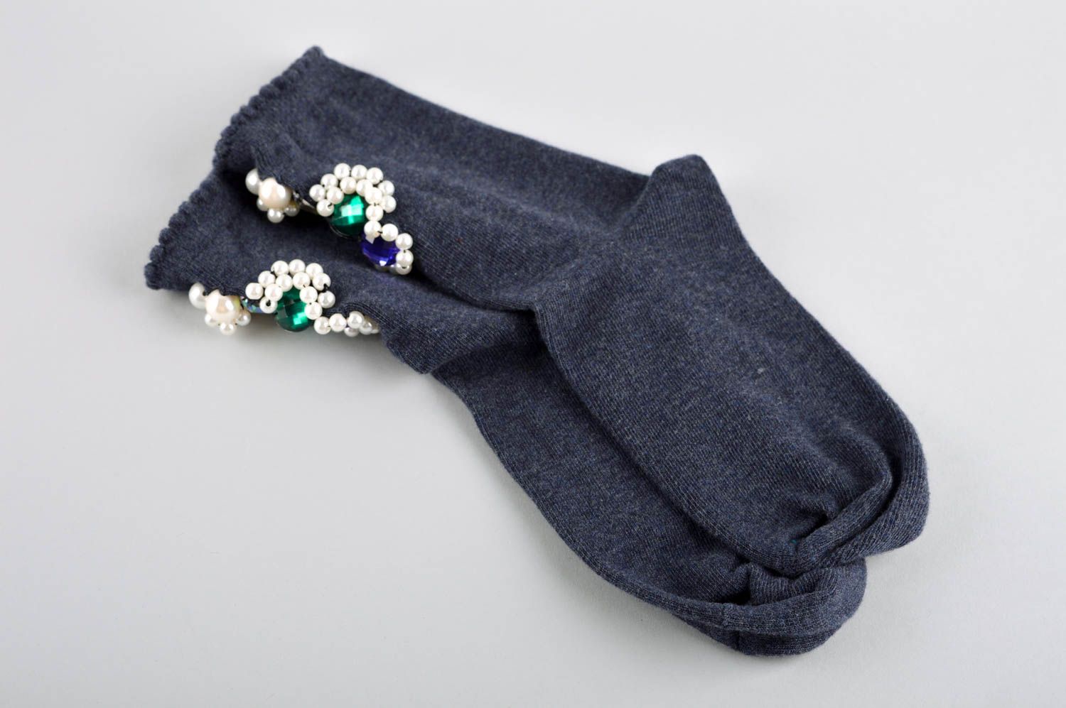 Носки ручной работы женские носки темно-серые носки со стразами красивые фото 1