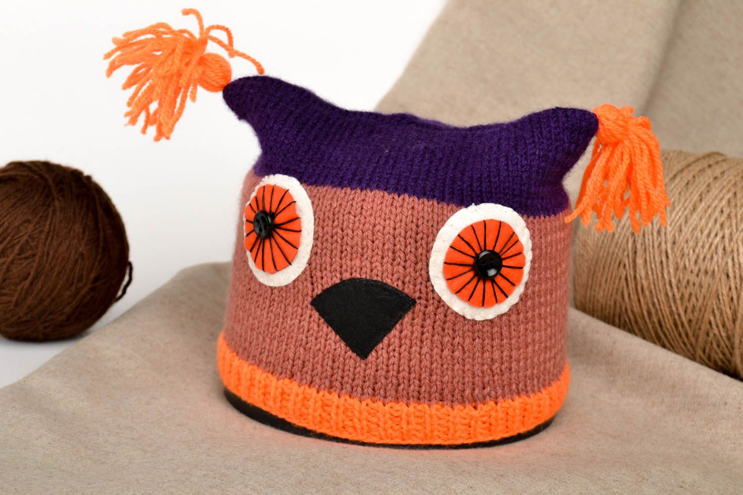 Bonnet tricot Chapeau fait main en laine violet marron orange Vêtement enfant photo 1