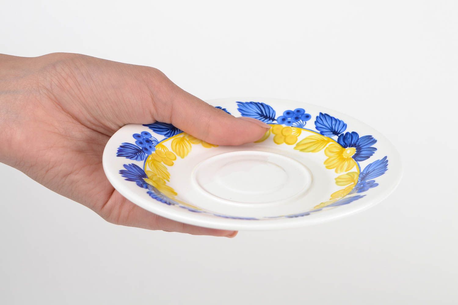 Soucoupe porcelaine fait main Petite assiette Service vaisselle ronde bleu jaune photo 2