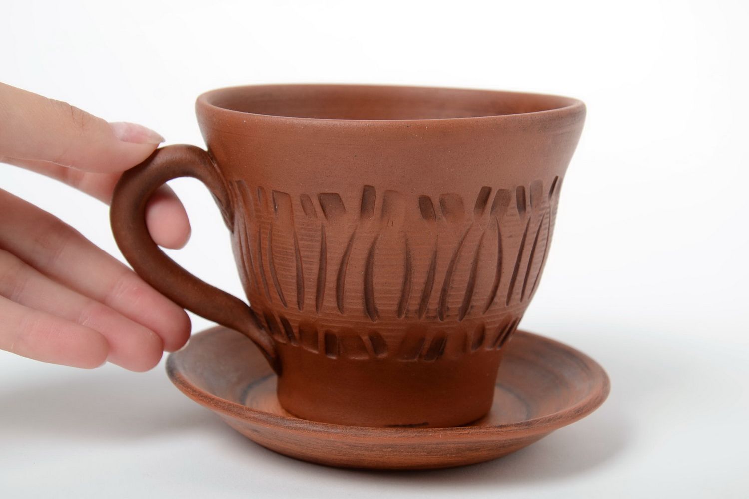 Braune Keramik Tasse mit Untertasse 350ml Milchbrennen Technik Handarbeit foto 5