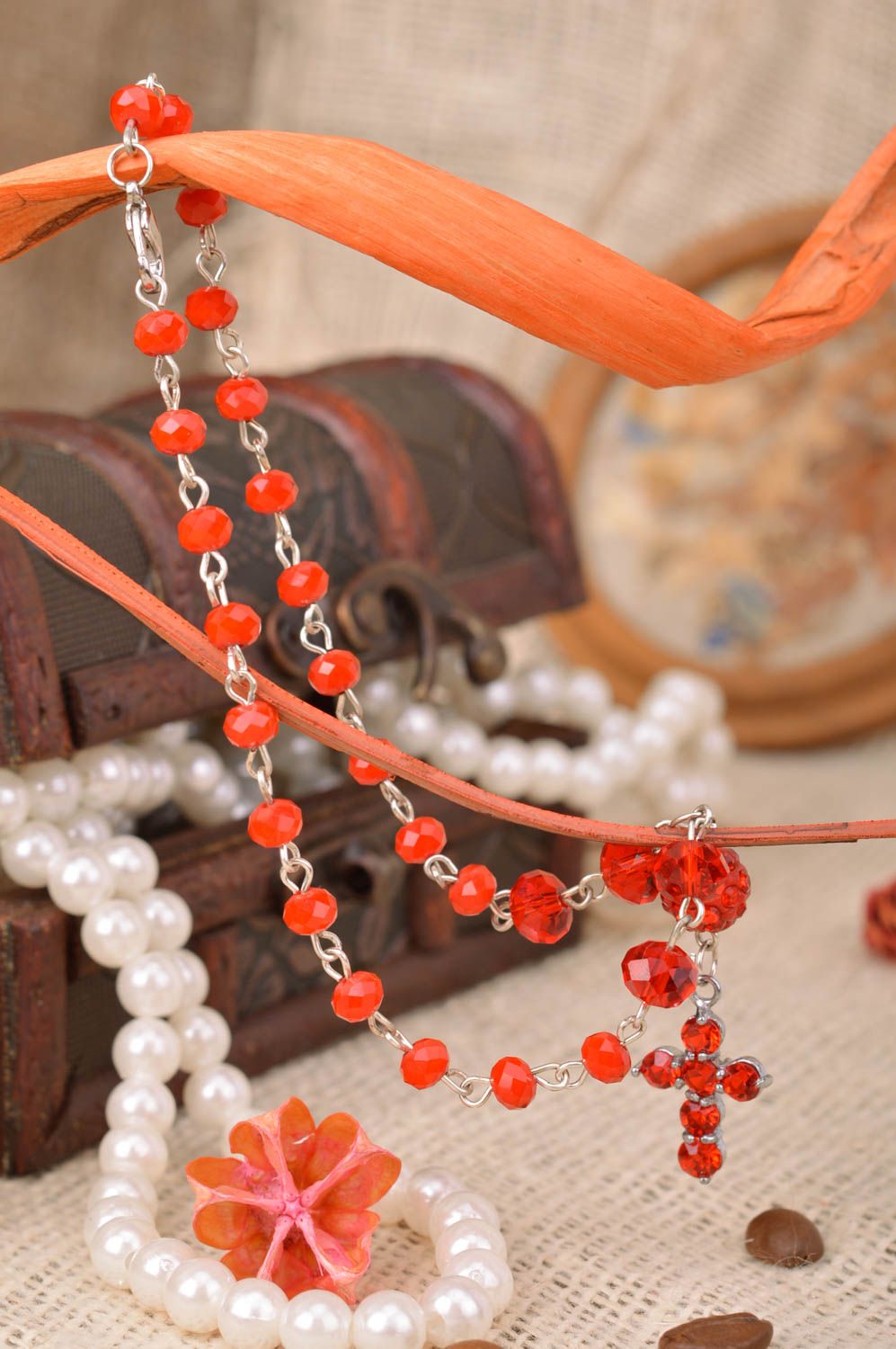 Handmade bright red beaded necklace with cross pendant designer for children photo 1