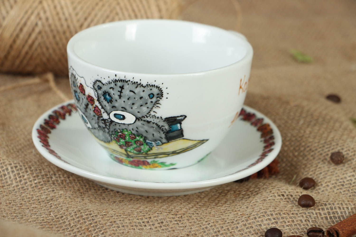 Porcelain white cup with handle, sauce, and teddy bears' pattern photo 5