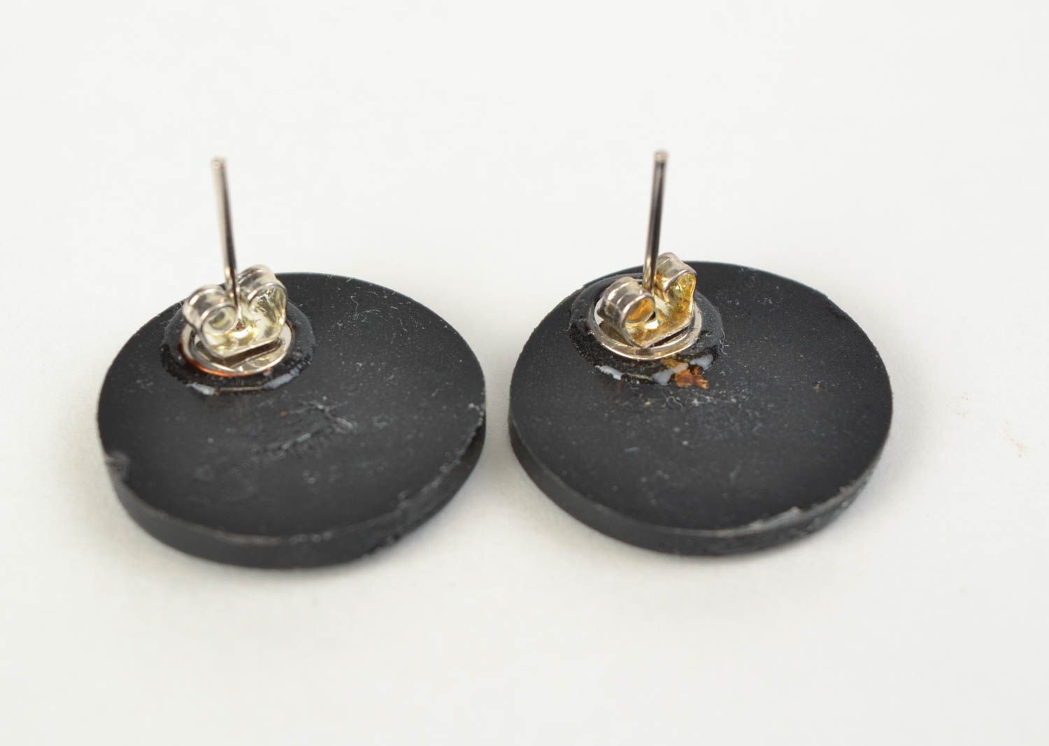 Handmade stud earrings made of polymer clay round shape with decoupage photo 4