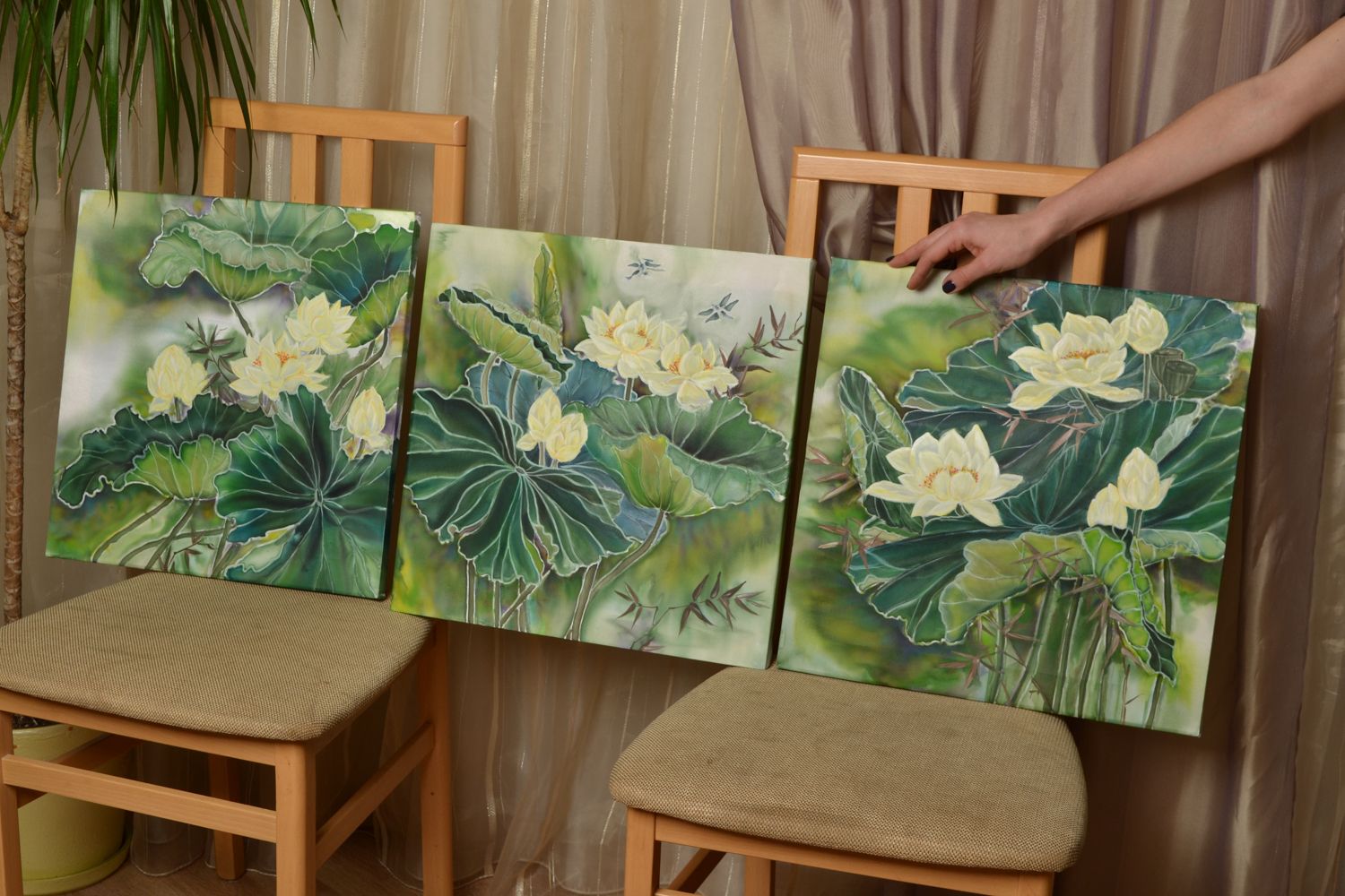 Triptych acrylic wall painting Lotuses photo 2