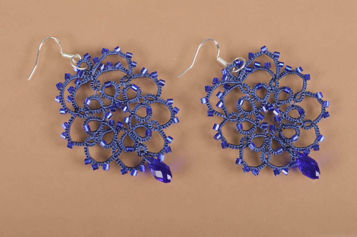 Handmade lacy tatted earrings woven of blue satin threads with Czech beads photo 3