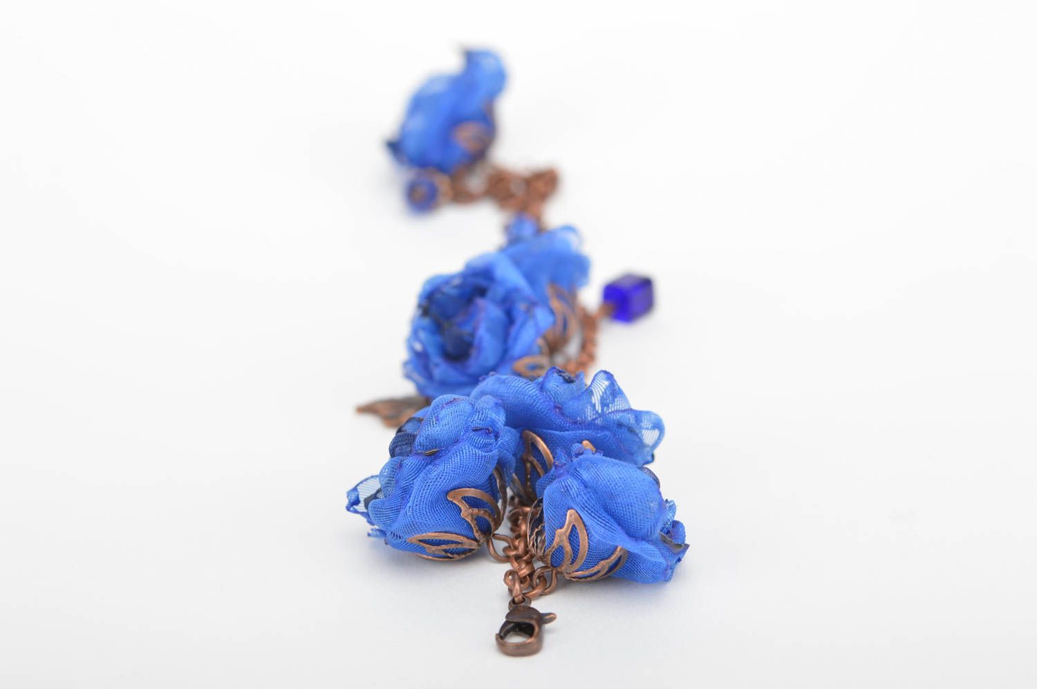 Handmade blue bracelet with flowers unusual festive bracelet stylish accessory photo 1