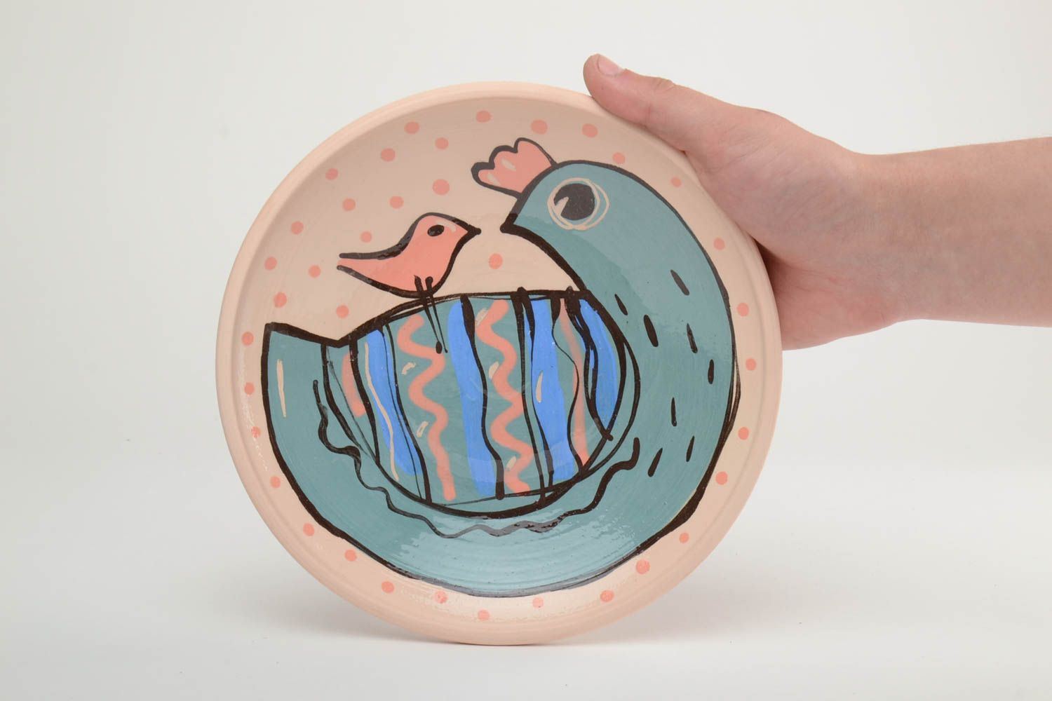 Bright handmade clay plate painted with glaze and enamel 350 ml photo 5