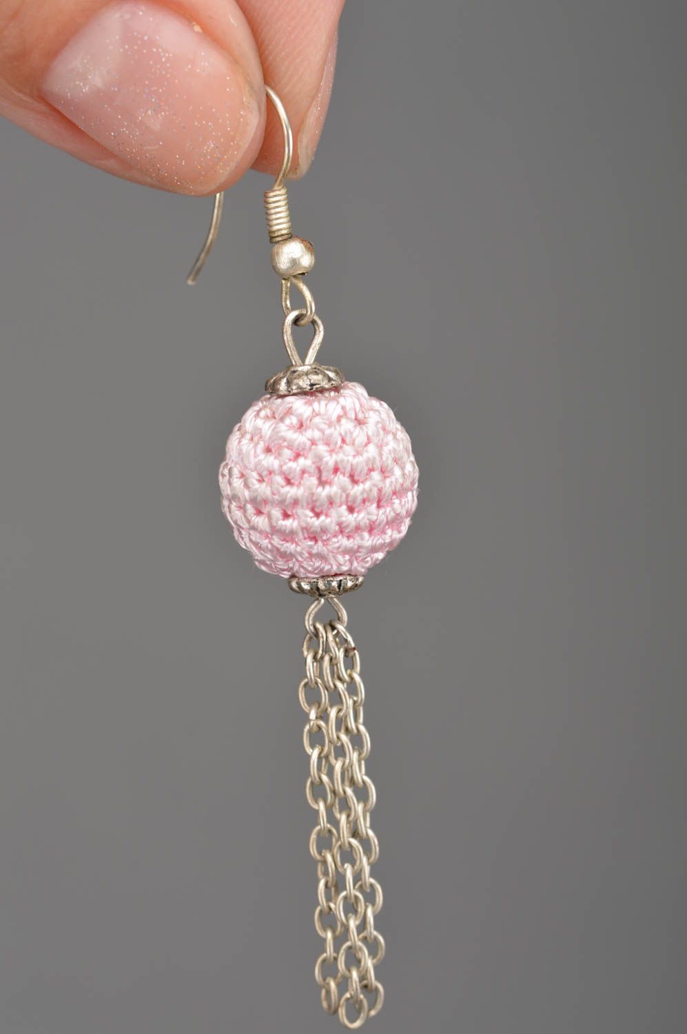 Handmade crocheted beaded earrings in pink color with charms and chains  photo 2