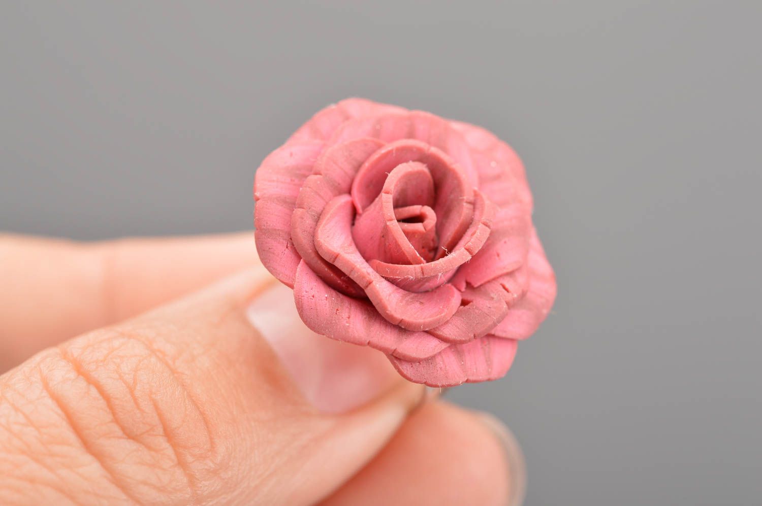 Festive cute handmade beautiful ring made of polymer clay in shape of rose photo 2