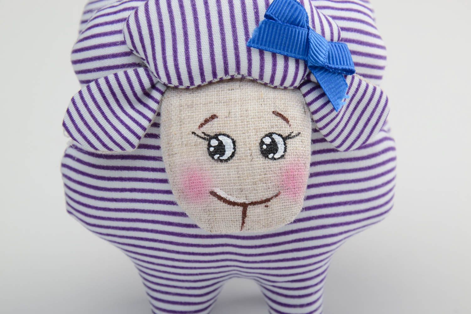 Handmade painted small designer striped fabric soft toy cute lamb with bow  photo 3