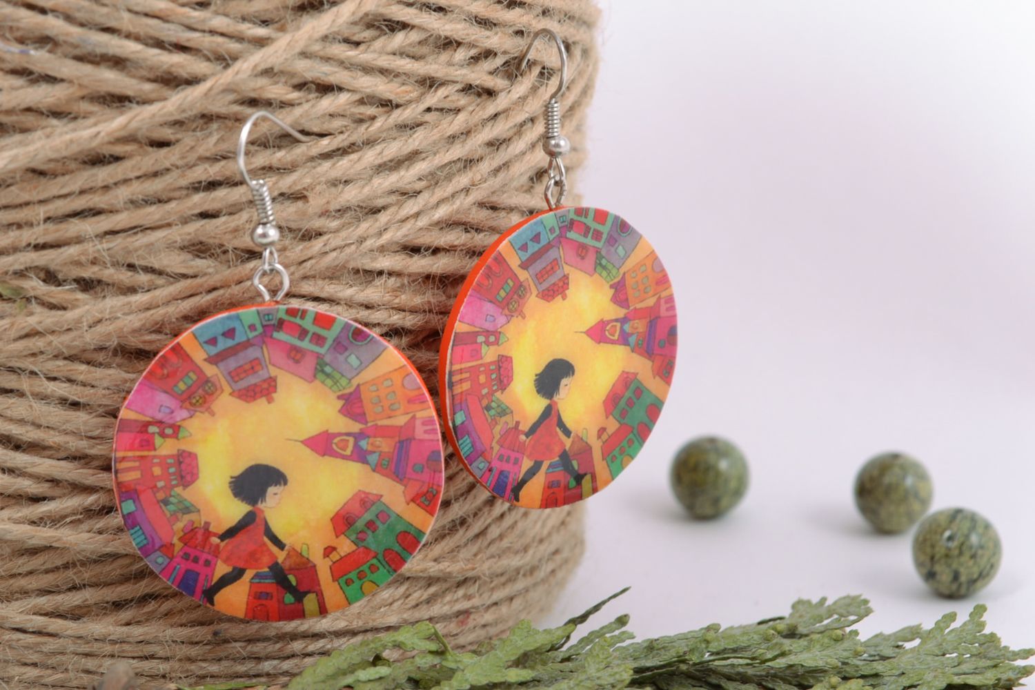 Round polymer clay earrings with print photo 1