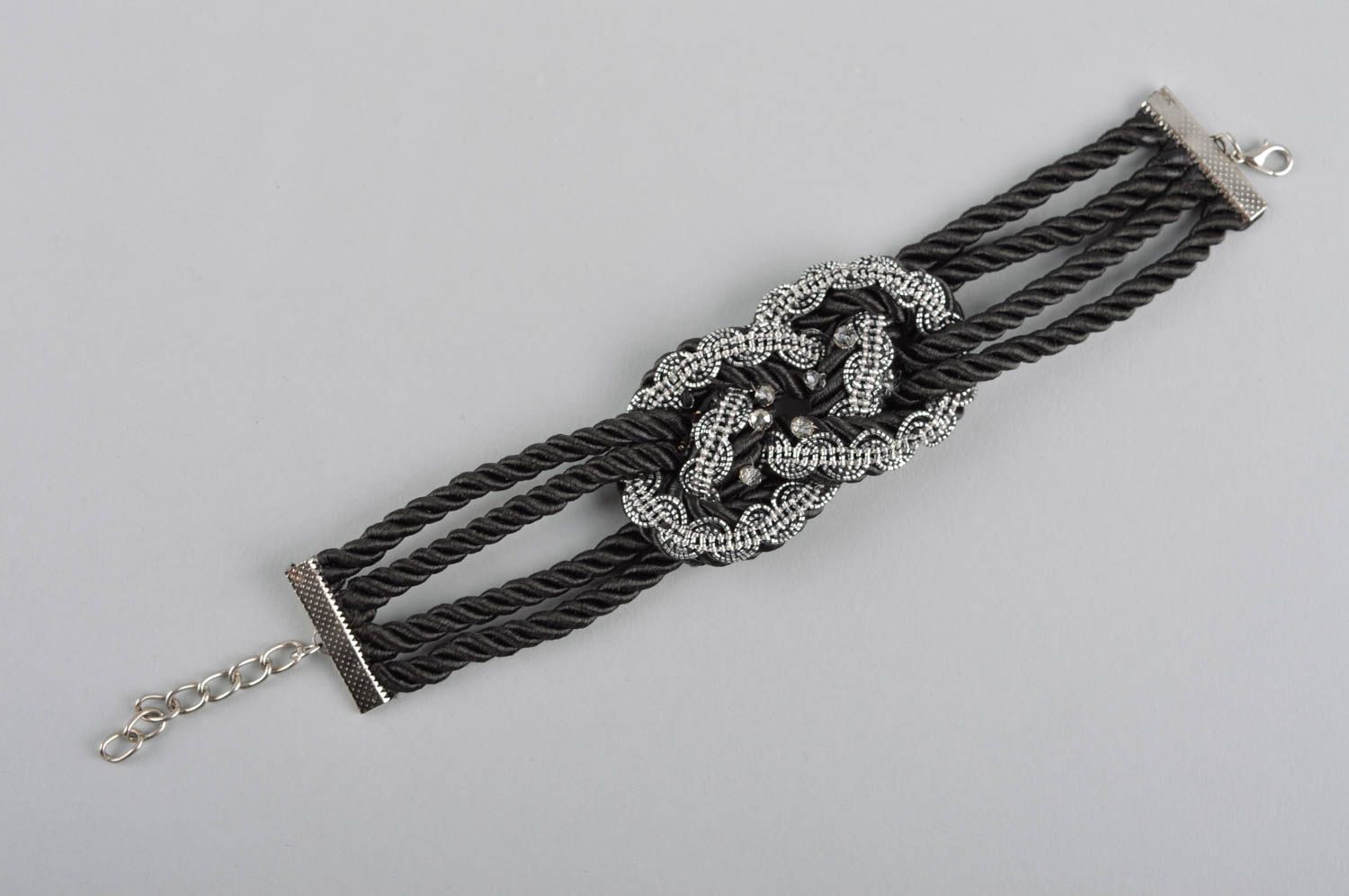 Handmade black wrist bracelet beaded textile bracelet designer accessory photo 3