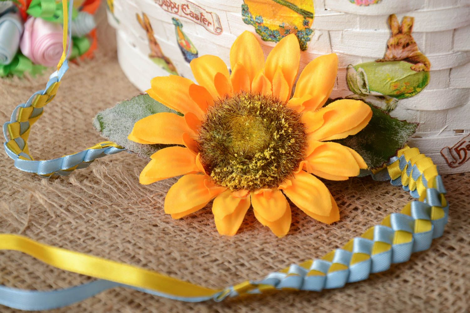 Handmade decorative colorful satin ribbon woven headband with volume sunflower photo 1