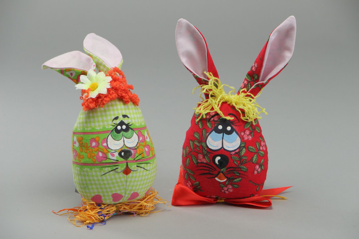 Handmade beautiful interior soft toys Rabbits sewn of fabric Easter decorations photo 1