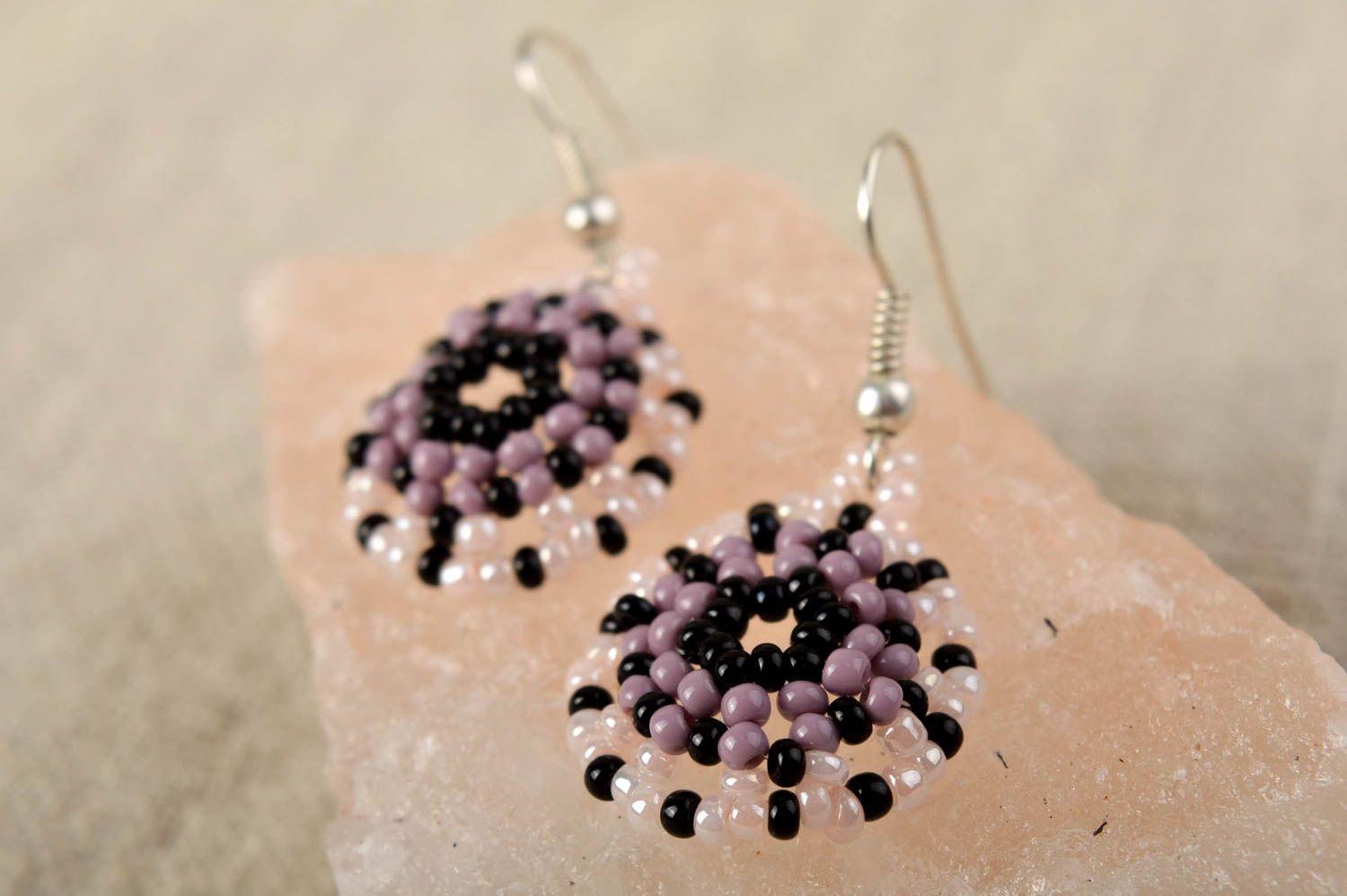 Handmade round earrings unusual beaded earrings lilac designer accessory photo 1