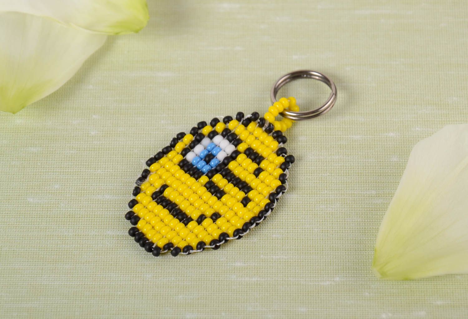 Porte-clés smiley jaune rond en perles de rocaille fait main cadeau original photo 1