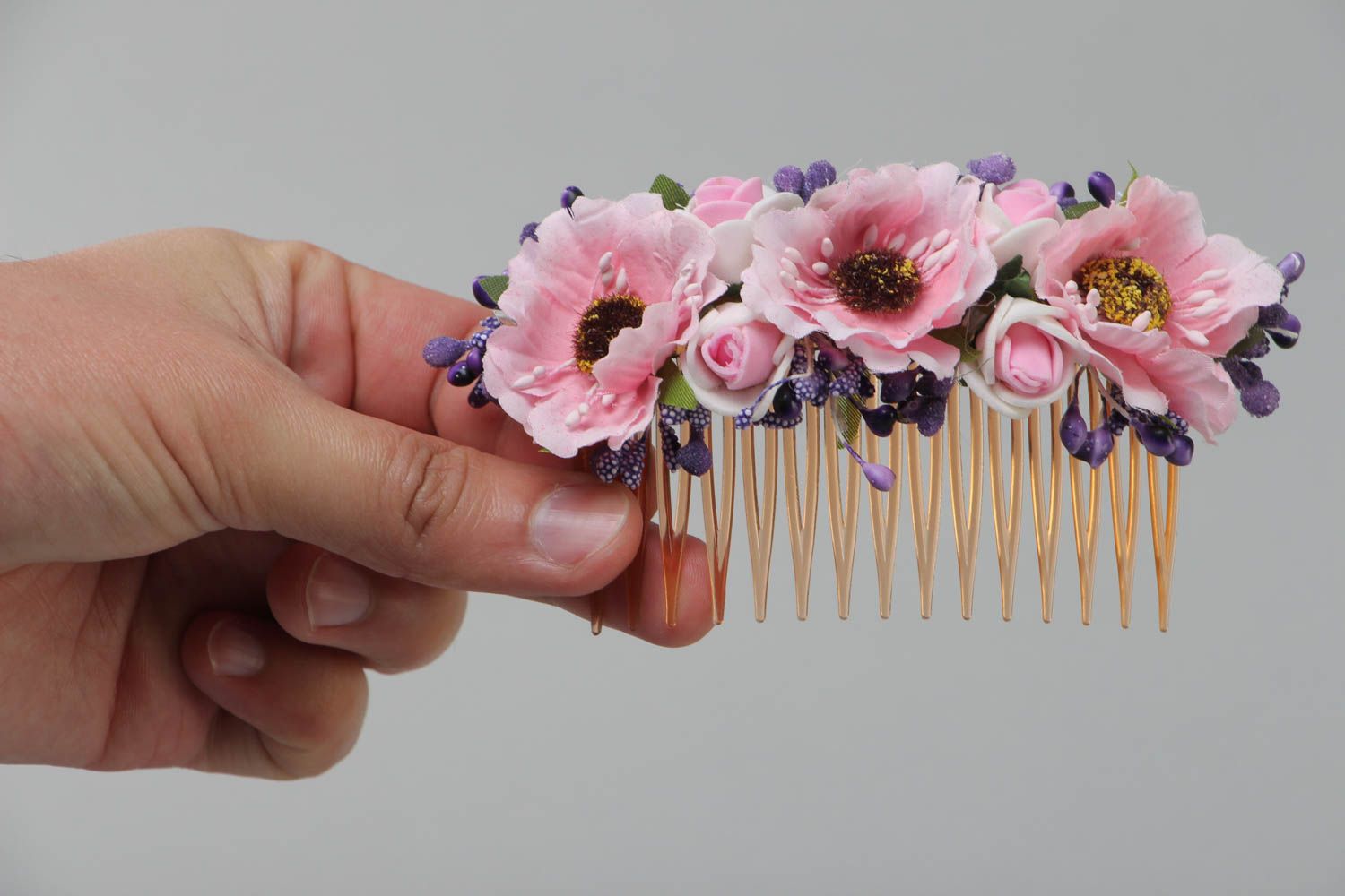 Handmade decorative hair comb with tender pink artificial flowers  photo 5