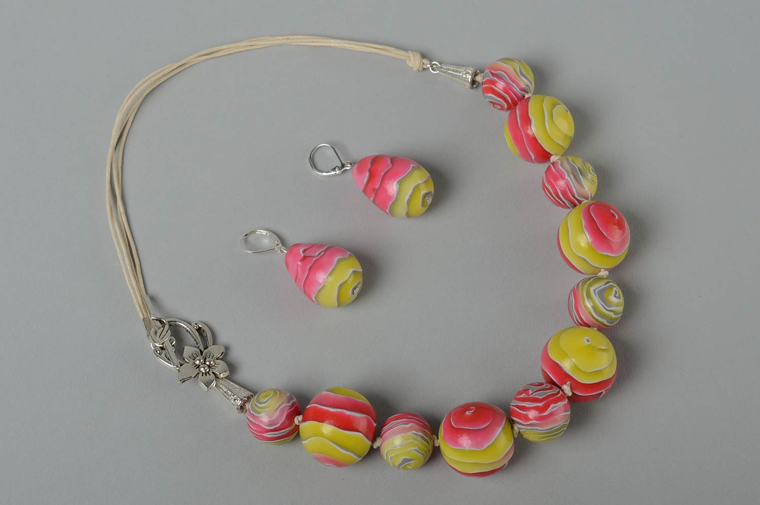Handmade jewelry set polymer clay dangling earrings beaded necklace gift for her photo 2