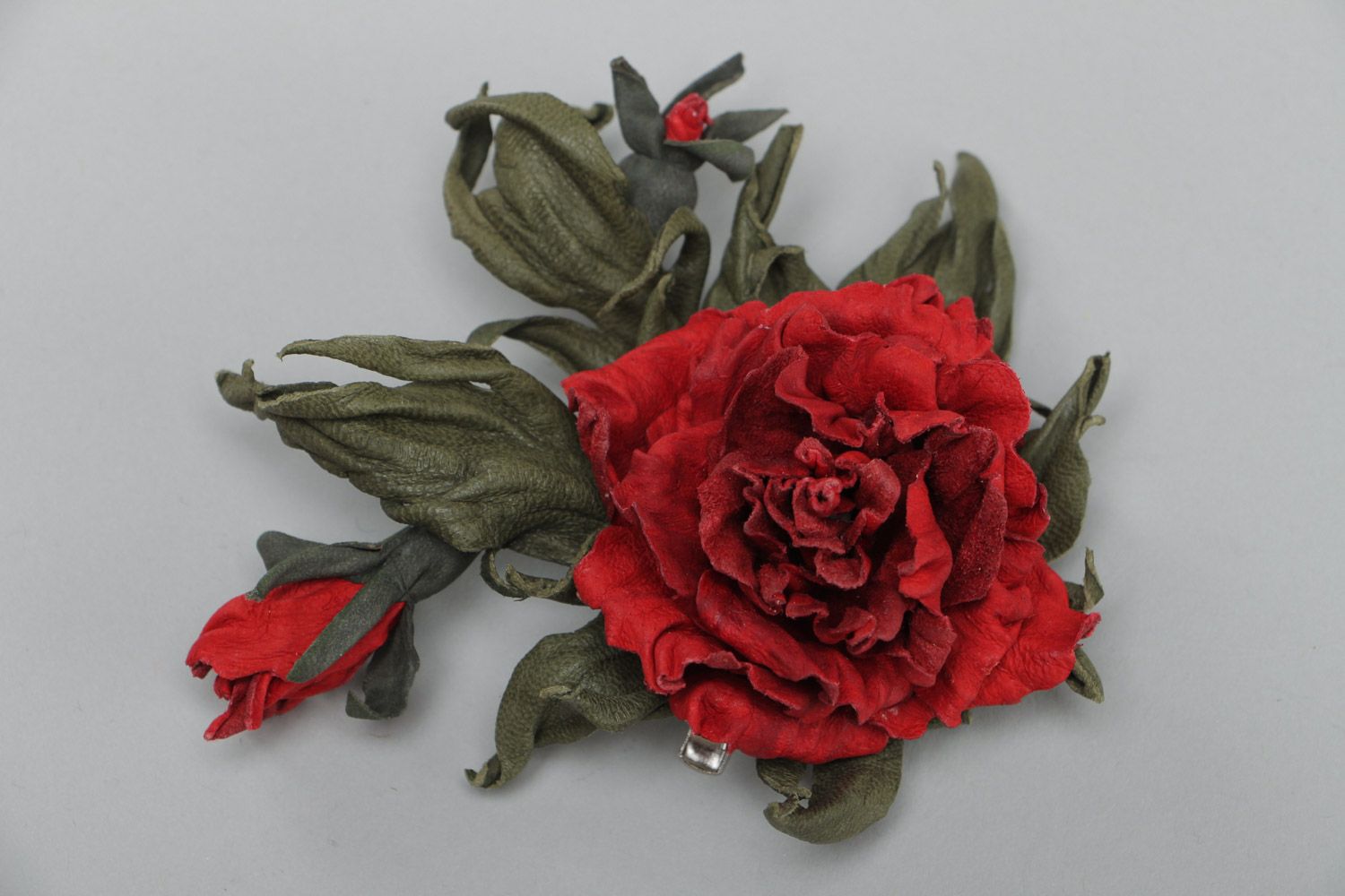 Handmade natural leather brooch with dark red volume flower for outer clothes photo 2