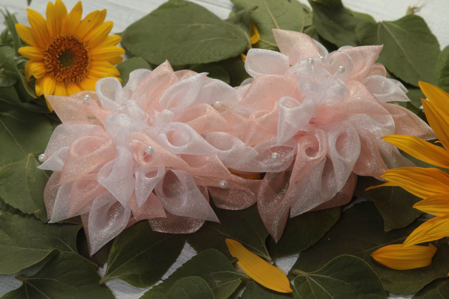 Резинки для волос с цветами детские ручной работы набор из 2 шт розовые фото 1