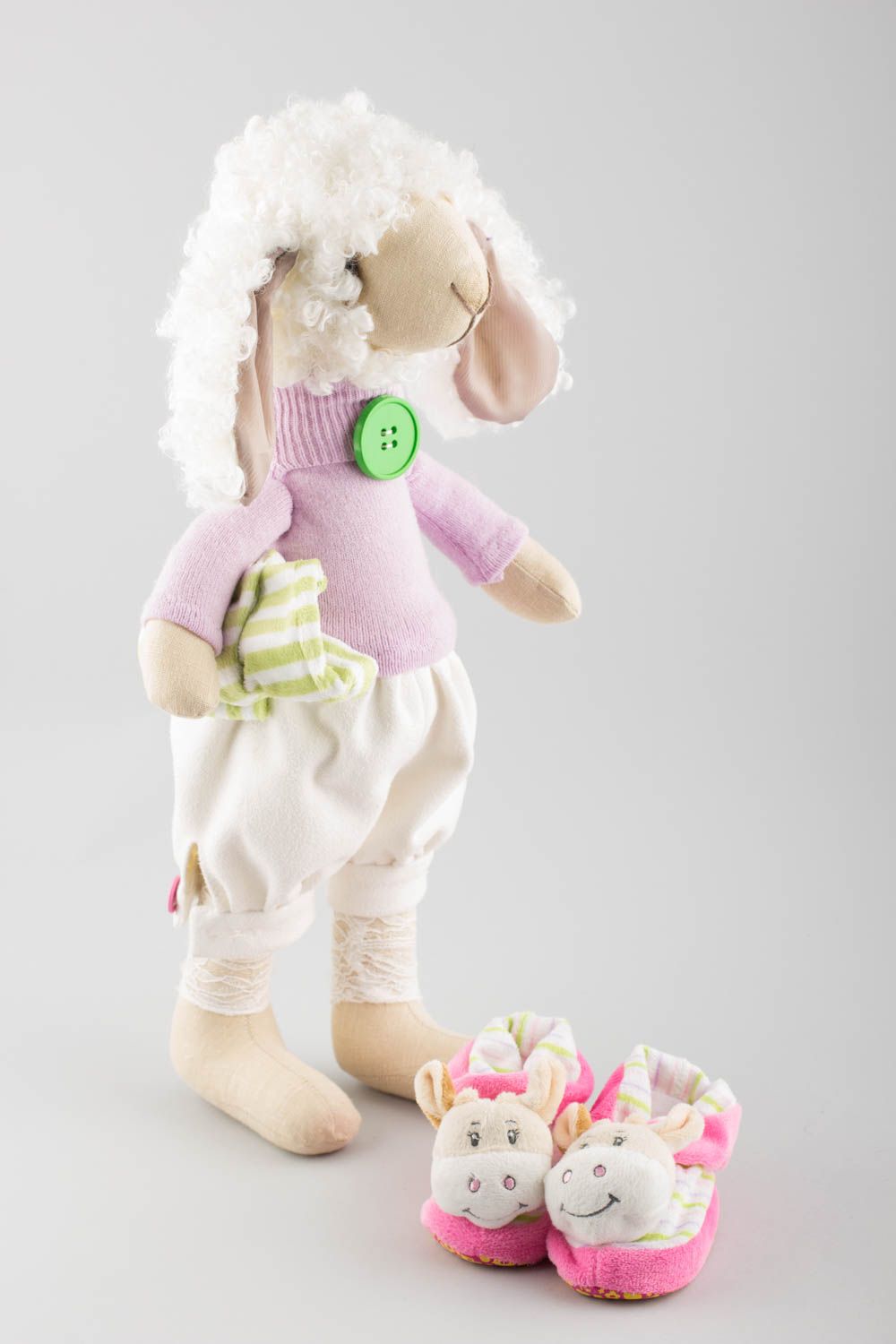 Peluche mouton en tissus de lin et tricot décorative faite main pour enfants photo 3