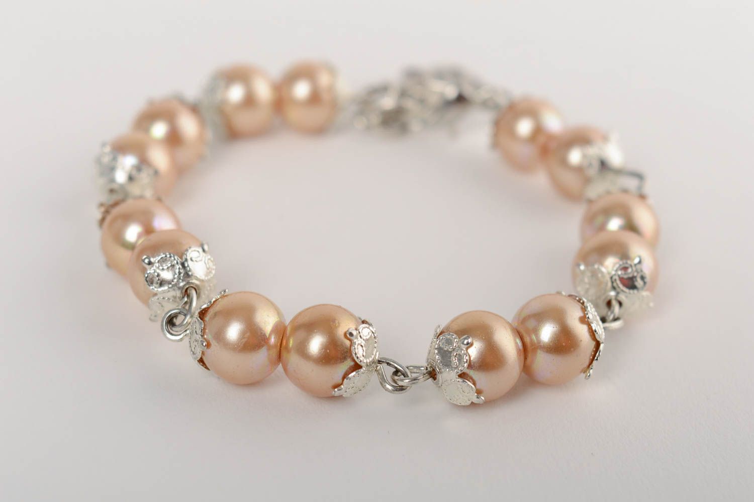 Beige ceramic pearls bracelet on a chain delicate handmade evening accessory photo 4