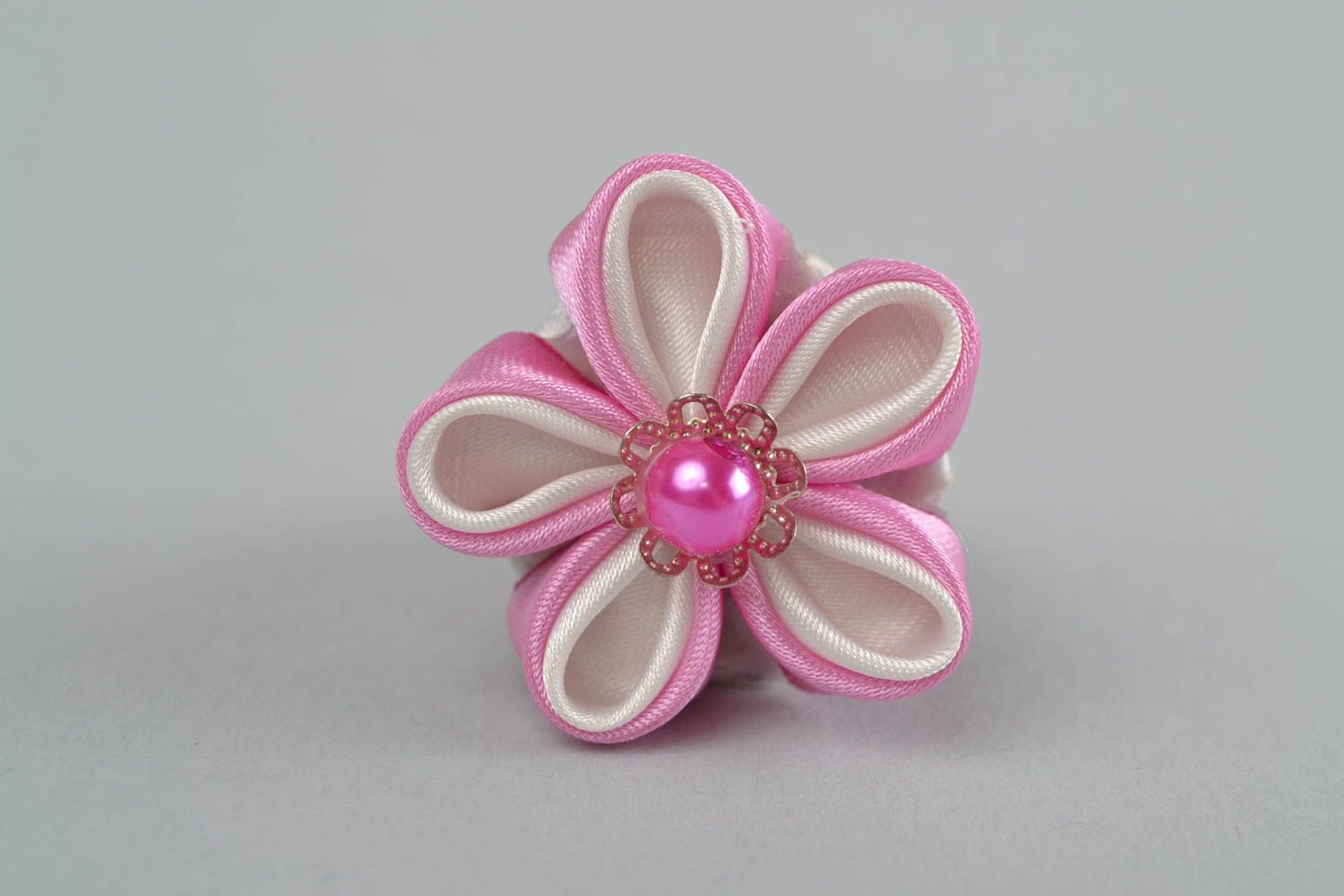 Designer hair tie in shape of flower with bead made using kanzashi technique  photo 2