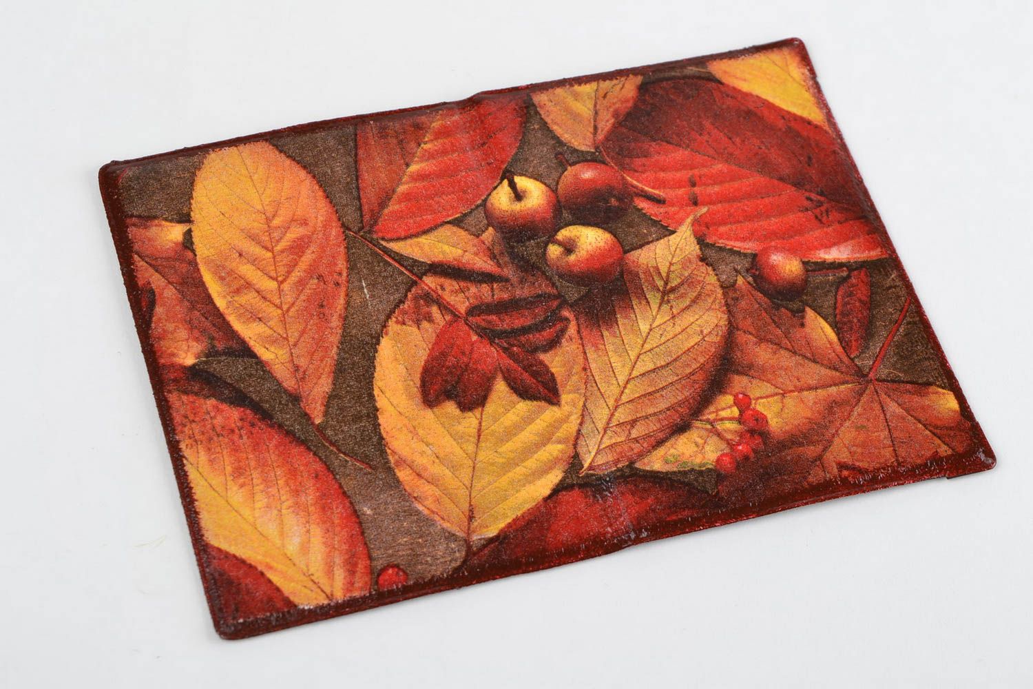 Handmade colorful faux leather passport cover with decoupage Autumn Leaves photo 3