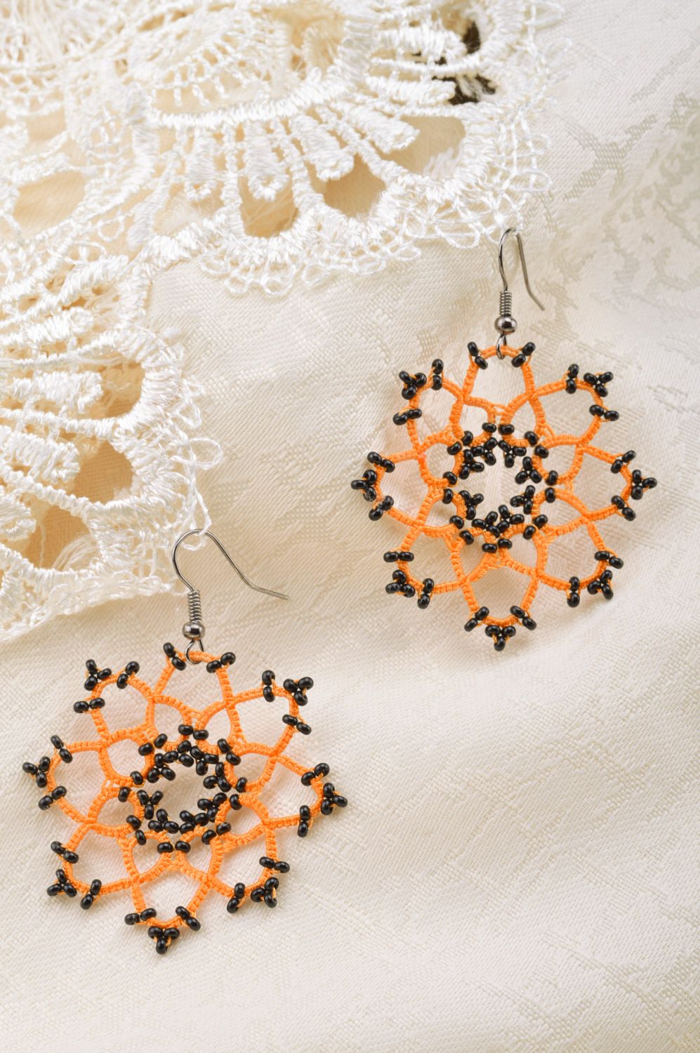 Handmade yellow tatting woven flower earrings with black beads  photo 5