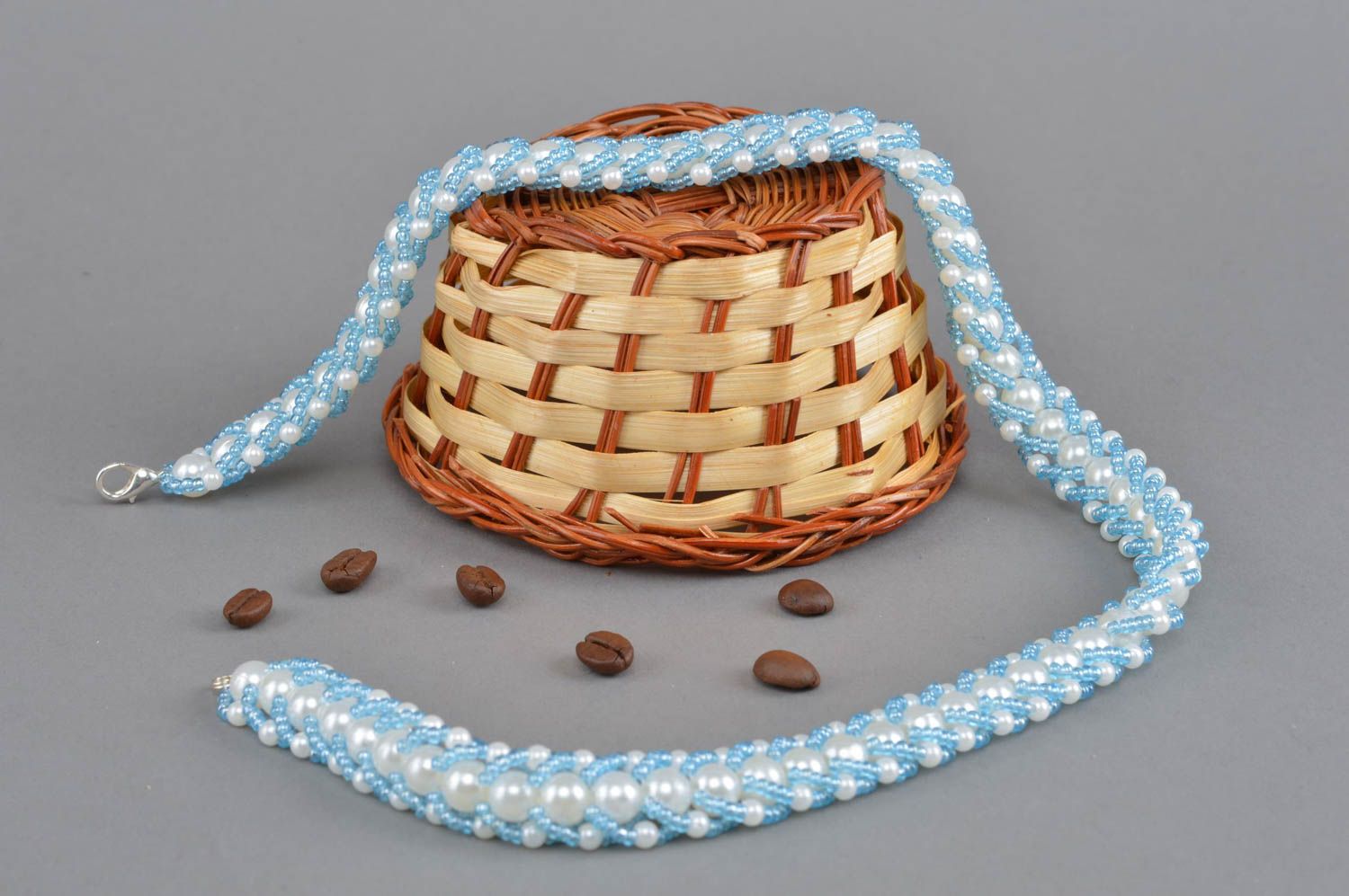 Handmade beaded necklace white and blue accessory everyday jewelry for women photo 1