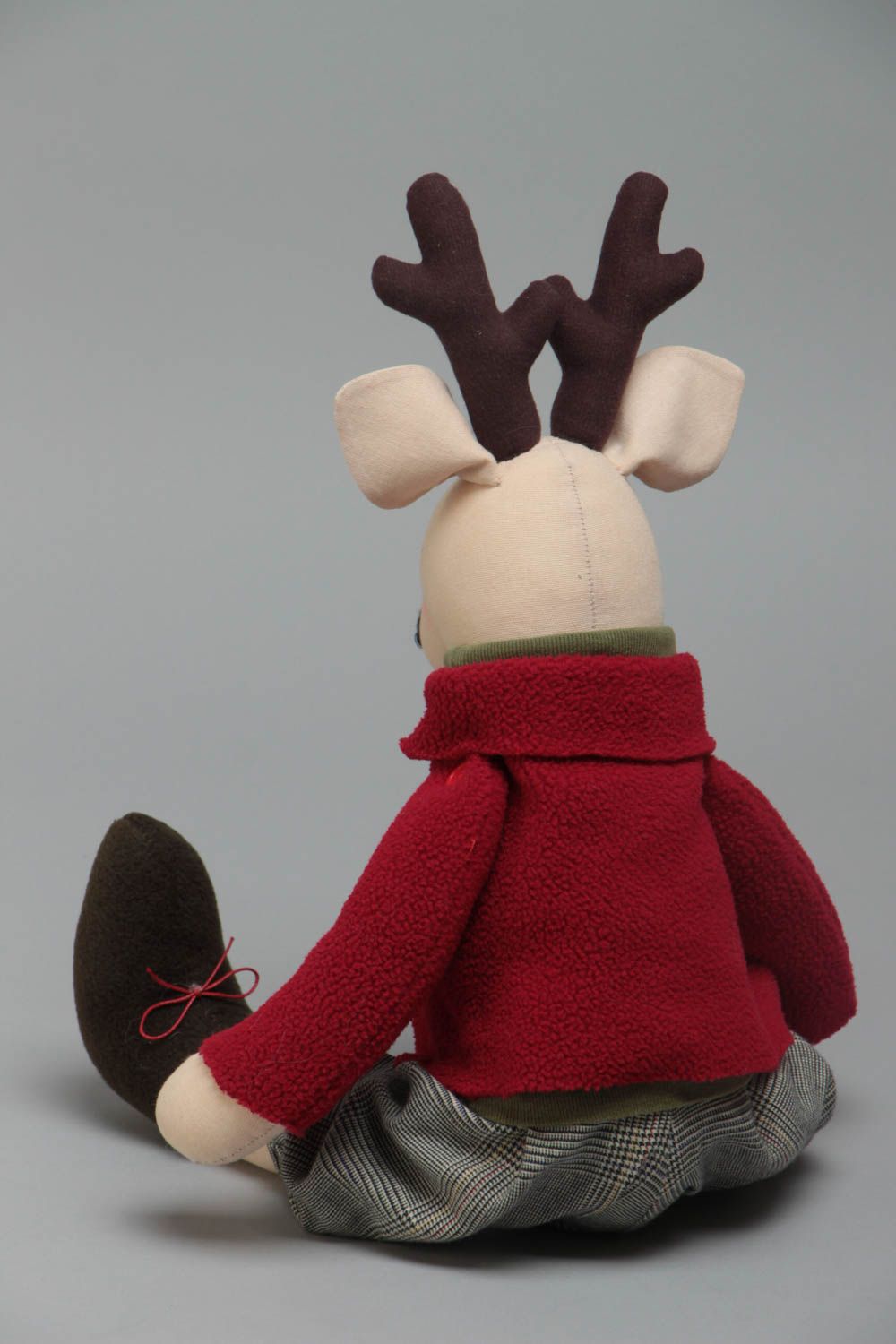 Handmade designer fabric soft toy Deer in red jacket for kids and interior decor photo 4