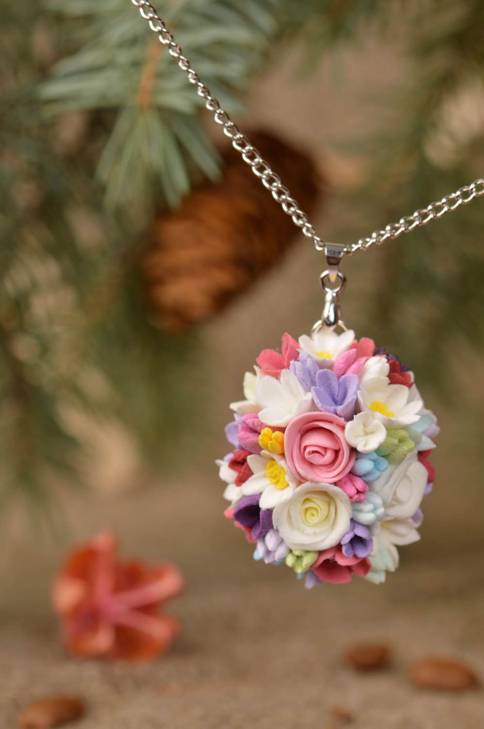 Beautiful bright handmade designer polymer clay flower pendant for girls photo 1