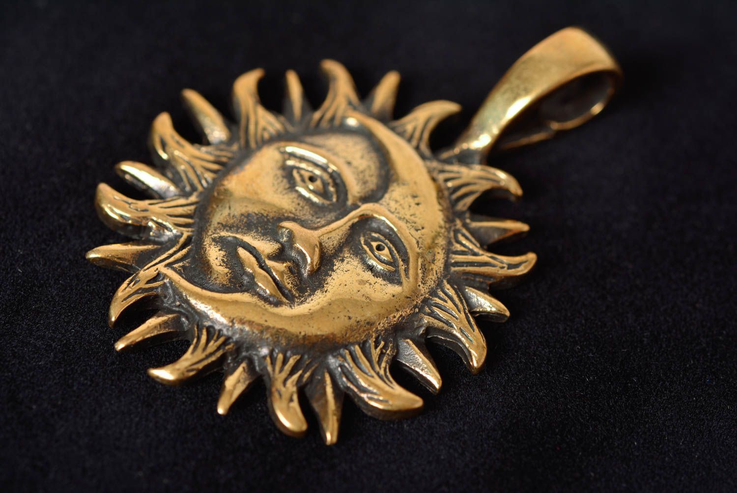Unisex handmade designer neck pendant cast of bronze Moon and Sun photo 3