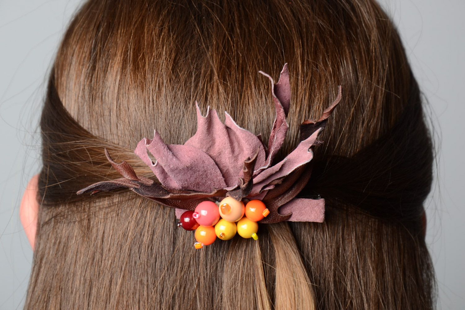 Handmade designer women's leather flower hair clip with beads and seed beads photo 2
